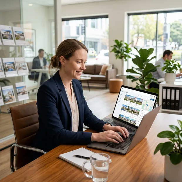 Agente inmobiliaria trabajando en la oficina mientras la web se actualiza sola