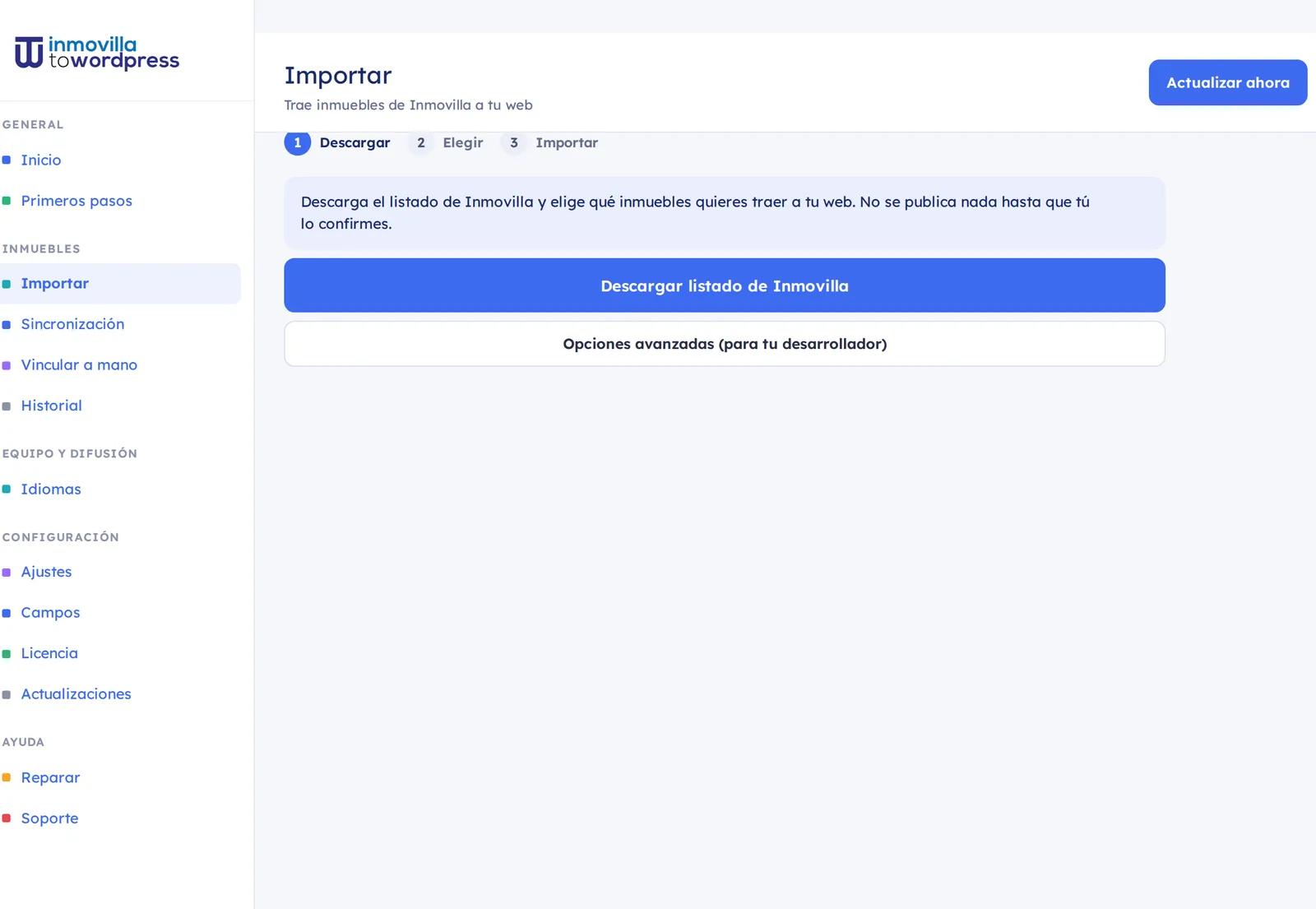 Pantalla Importar: pasos Descargar, Elegir e Importar y botón «Descargar listado de Inmovilla»
