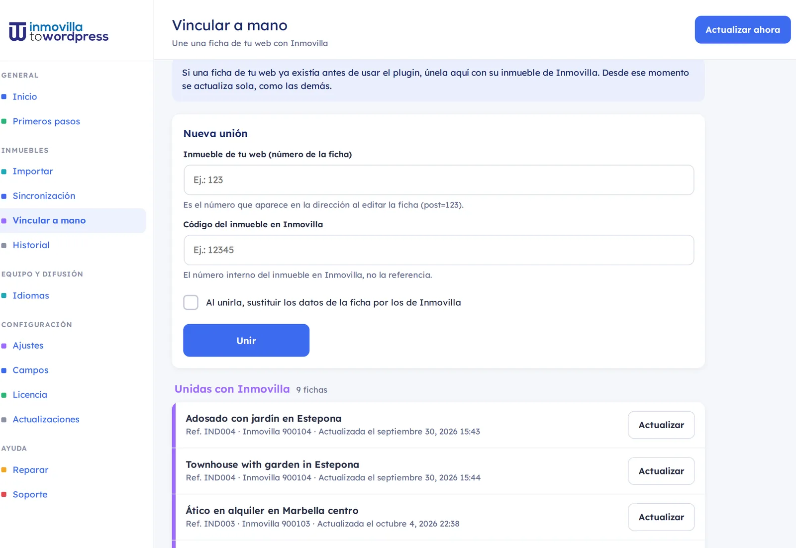 Pantalla Vincular a mano: formulario Nueva unión y lista de fichas unidas con Inmovilla