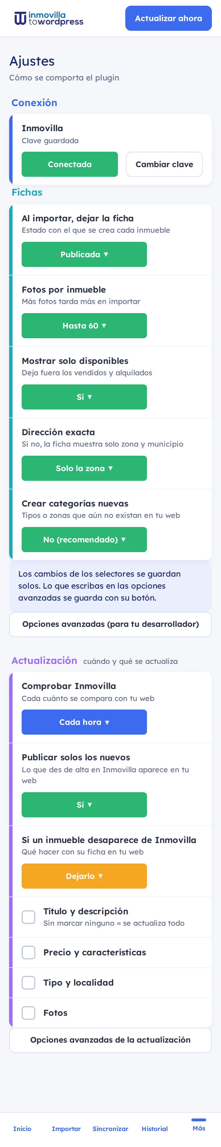 Pantalla Ajustes en un móvil, con los selectores de color a todo el ancho