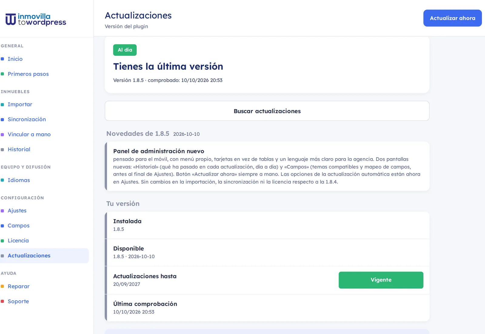 Pantalla Actualizaciones: versión instalada y comprobación de versiones nuevas